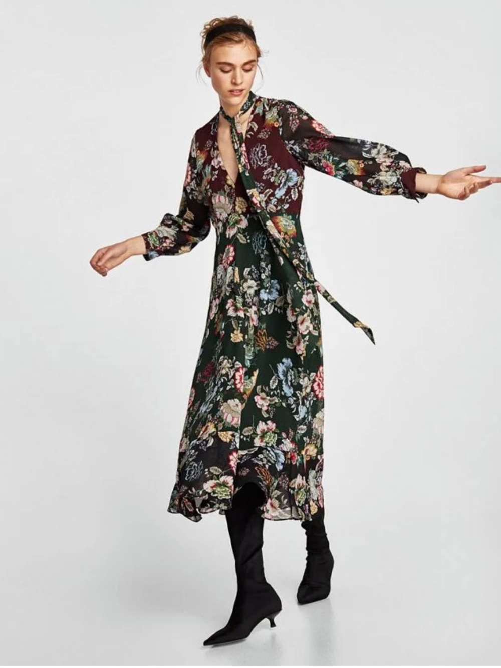 Zara Woman size M Floral Tie-Neck Midi Dress in Dark Green and Burgundy